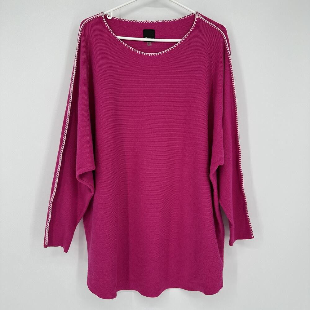 Aaeda Sweater Womens 2X Pink Pullover White Trim Stitch Dolman Sleeve Oversized